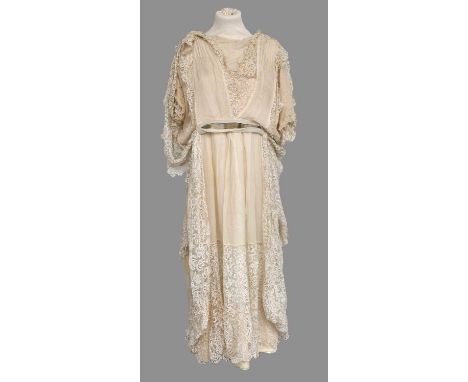 Circa 1907 Wedding Dress, in cream silk with cream and pink silk chiffon mounts to the bodice and skirt, Honiton lace trims t