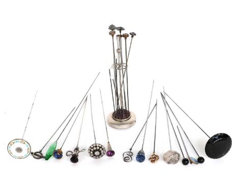 Silver Hat Pin Stand and Various Decorative Hat Pins, comprising a 'swirl' hat pin set with turquoise stone and stamped '9ct'