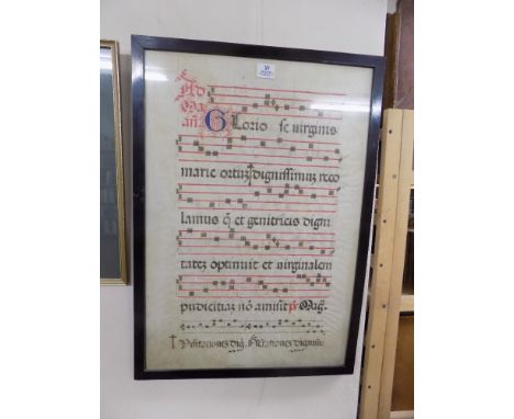 Manuscript. Antiphonary leaf on vellum, probably 15th century,  manuscript in red and black ink, large puzzle initial in red 