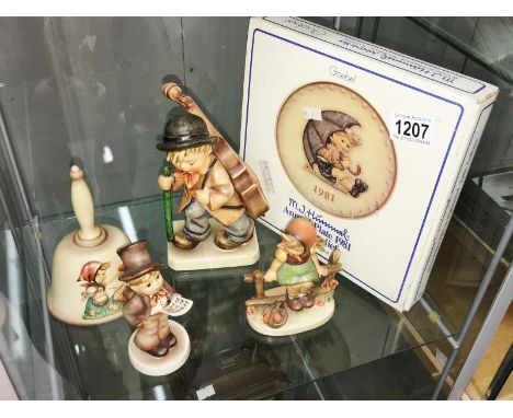 A rare Hummel large cellist (eyes closed), 2 other Hummel figures, a Hummel bell and a Hummel plate.