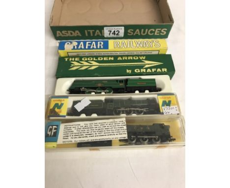 4 Grafar N Gauge model steam locomotives GWR Burton Agnes Hall, Southern merchant navy class channel packet with golden arrow