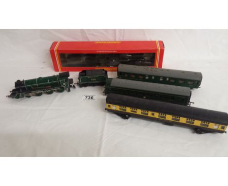 A boxed Hornby engine County of Denbich, a Hornby engine 3rd Dinadon plus a quantity of carriages.