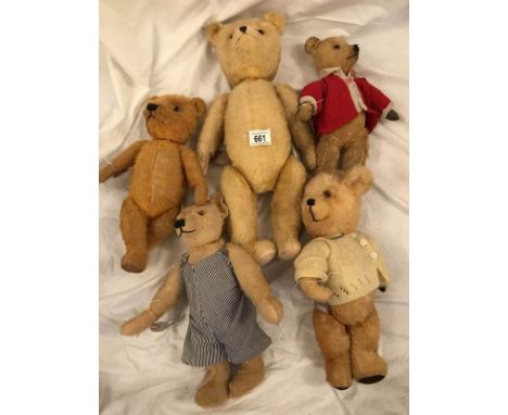 5 vintage teddy bears including growler and straw filled.