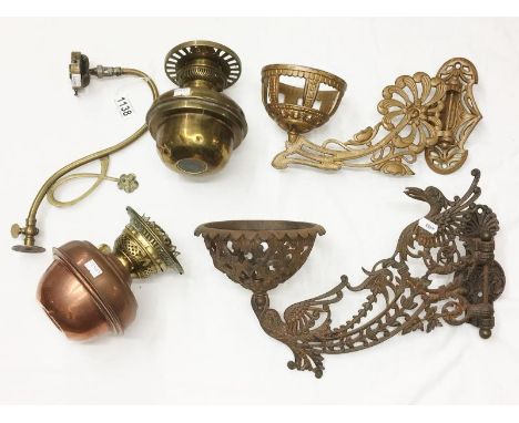2 Wall lamp brackets with oil lamp fonts complete with burners and a gas wall light bracket.