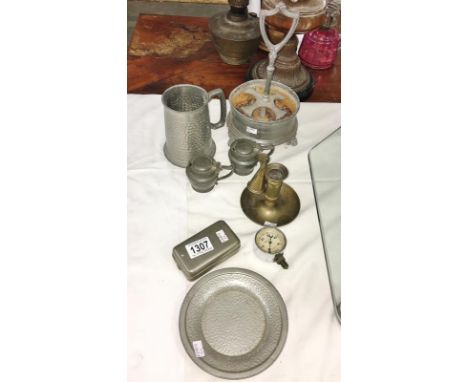 A mixed lot of metal ware including pewter tray, pewter mustard pots with Bristol blue glass liners, curling tong, spirit bur