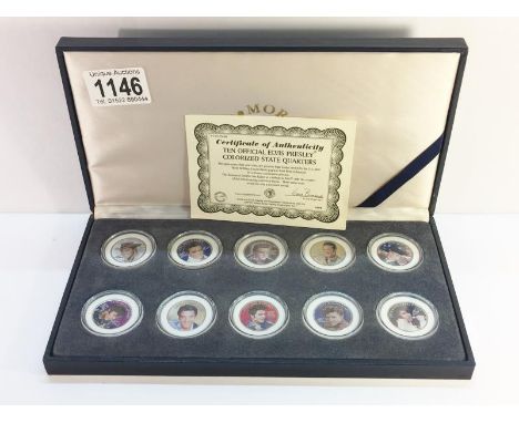 A cased set of 10 official Elvis Presley colourized state quarters with certificate.