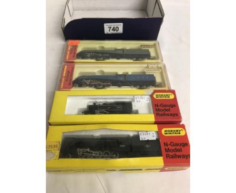 4 Hornby Minitrix n Gauge model steam locomotives - LNER A4 Sir Nigel Gresley, BR A4 Mallard, BR Class 9F, BR Class 2MT tank 