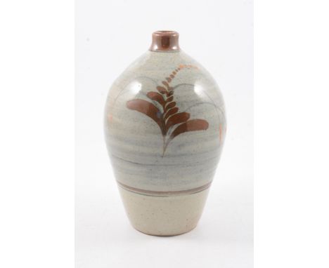 David Leach, a Lowerdown Pottery stoneware vase with foxglove motif, painted in iron and tenmoku against an oatmeal ash groun