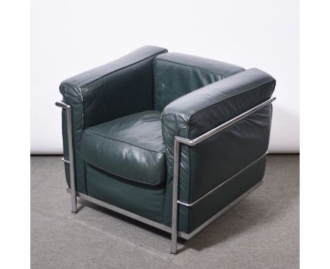 An LC2 model lounge chair, after the design by Le Corbusier, dark green leather and chromed frame, width 75cm, depth 70cm, he