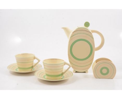 Clarice Cliff, an Art Deco Bonjour part coffee set, comprising coffee pot, two cups and saucers, and a sugar bowl, green and 