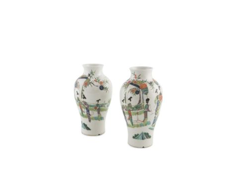 A PAIR OF CHINESE FAMILLE VERTE BALUSTER VASES, with six character Kangxi mark, the short waisted neck rising to flared rim a