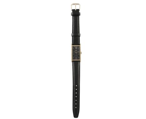 AN 18K GOLD LADY'S 'VOGUEMATIC' WATCH BY JAEGER-LECOULTRE, the black dial with gilt hour baton markers and hands, to a leathe
