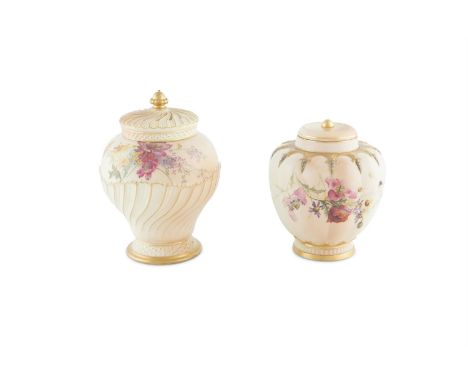 TWO ROYAL WORCESTER 'BLUSH IVORY' POT POURRI JARS, 19th century, each with filled cover, painted with various flower sprays b