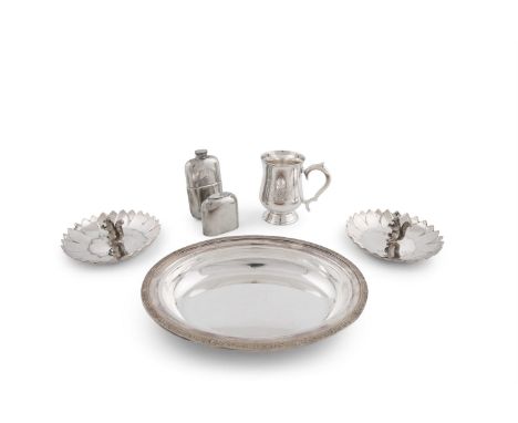 A COLLECTION OF SILVER PLATED WARE, comprising a pair of shaped circular presentation dishes with cast leaf borders, the rese