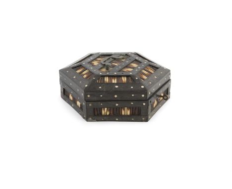 AN ANGLO-INDIAN EBON AND PORCUPINE QUILL CASKET, 19th century, of rectangular shape with brass carrying handle, dotted with b