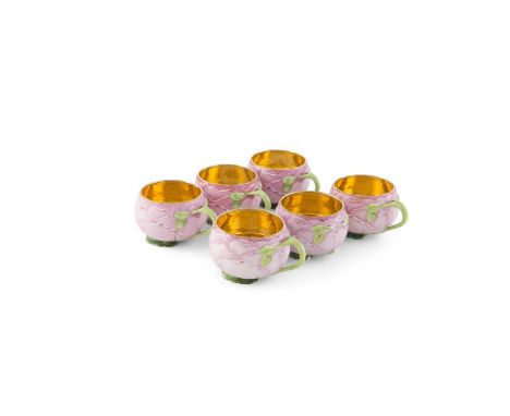 A SET OF SIX 19TH CENTURY VIENNA STYLE PORCELAIN COFFEE CUPS, in the form of pink rose heads, with gilt interior and leaf and