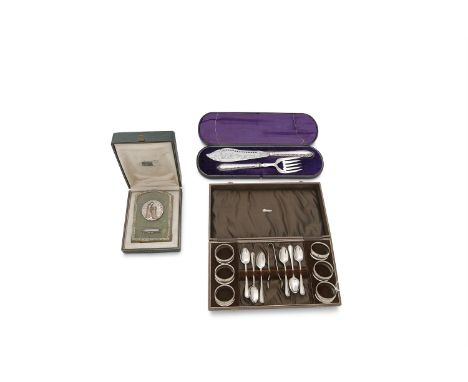 A CASED SILVER PLATED TWO PIECE FISH SERVING SET; together with a cased set containing six teaspoons, a sugar tongs and a set