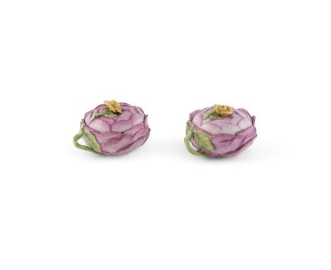 A PAIR OF 19TH CENTURY VIENNA PORCELAIN CARVED CUPS, in the form of pink rose heads, each with flower finials to the lids, ha