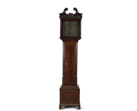 AN IRISH GEORGIAN STYLE MAHOGANY LONGCASE CLOCK, 19th century, with swan neck pediment, carved rosettes and animal mask above