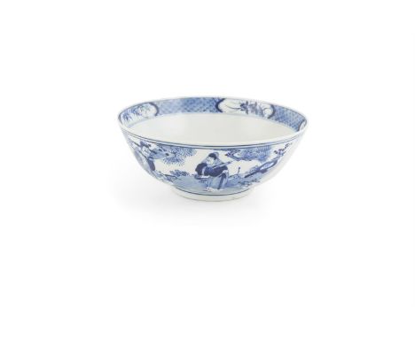 A CHINESE BLUE AND WHITE PORCELAIN BOWL, with Kangxi mark but of 19th century date, the exterior painted with scholars in a g