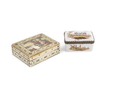 A MEISSEN STYLE PORCELAIN SNUFF BOX, painted with military scenes, with gilt metal mounts. 8.5cm wide; together with a painte