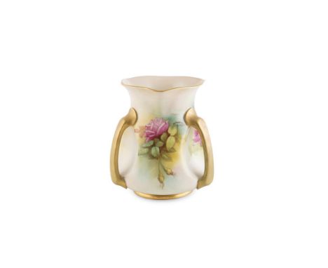A ROYAL WORCESTER TREFOIL JAR, signed F. Harper, c.1910, with three gilt handles and wavy pinched rim, painted with flower gr