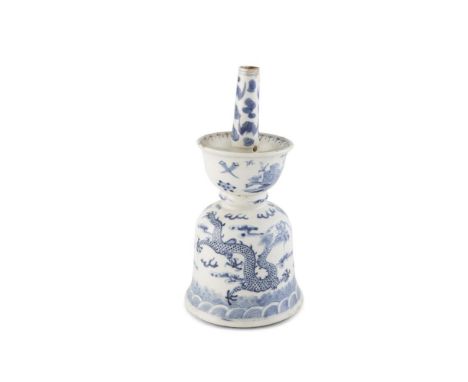 A CHINESE BLUE AND WHITE INCENSE BURNER, 19th century, formed in the shape of an alter candlestick, the bell shaped body pain