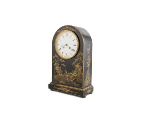 A LATE 19TH CENTURY CHINOISERIE DECORATED EBONISED MANTLE CLOCK, of arched shape decorated with oriental figures and pagodas 