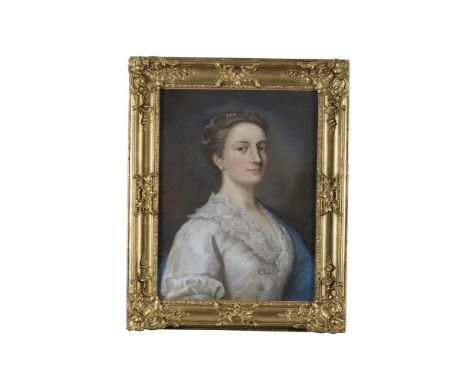 EARLY 19TH CENTURY SCHOOLBust Length Portrait of an Elegant Young Lady Wearing a White Dress and a Blue WrapPastel on paper l
