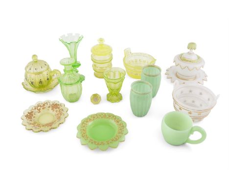 A COLLECTION OF URANIUM AND GREEN GLASSWARE, including a tub shaped dish; flask and stopper; flared vase; cups; and stands