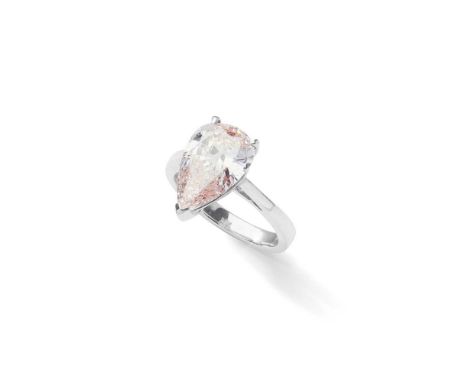 ◆ A coloured diamond single-stone ring The pear-shaped fancy light orangy pink diamond, weighing 3.55 carat, to a platinum ba