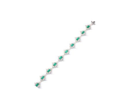 Fei Liu: An emerald and diamond bracelet Composed of a series of quatrefoil links, each set with a rectangular step-cut emera