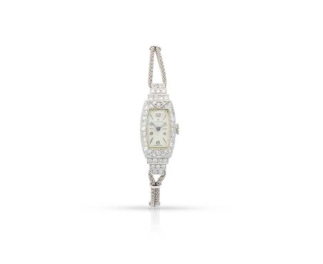 Rolex: A diamond cocktail watch, circa 1930 The white dial with applied Arabic numerals and baton hour markers, leaf hands, d