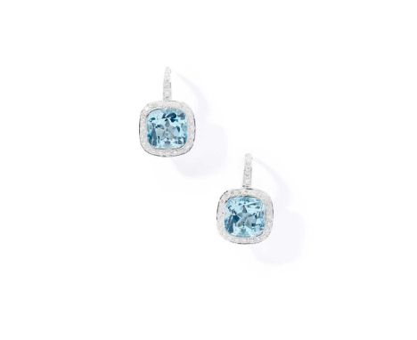 Boodles: A pair of blue topaz and diamond earrings Each cushion-shaped blue topaz within a brilliant-cut diamond surround and