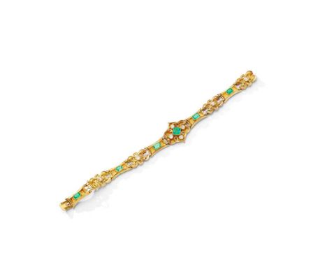 A mid 19th century emerald and diamond bracelet, circa 1845 Centrally-set with a step-cut emerald within a repoussé cartouche