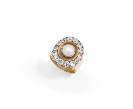 An old brilliant-cut diamond and half pearl cluster ring Collet-set with a half pearl within an old brilliant-cut diamond sur