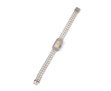 An early 20th century cocktail watch The rectangular dial with Arabic numerals, within a single-cut diamond bezel, to a seed 