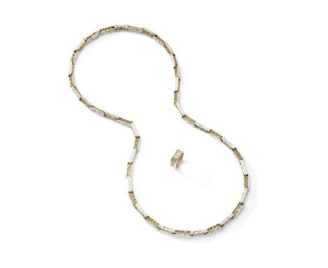 David Thomas: An 18ct gold fancy-link necklace and ring, 1972-73 The necklace designed as textured 18ct white gold rectangula