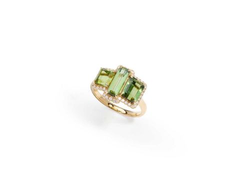 A green tourmaline and diamond three-stone ring Set with three vari-sized step-cut green tourmalines within a brilliant-cut d