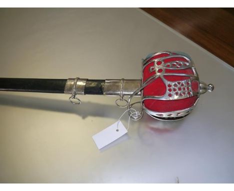 A reproduction basket-hilt broadsword in 18th century style, with scabbard.