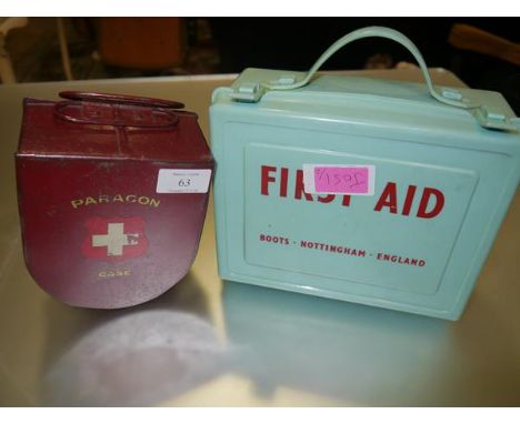 Two vintage First Aid boxes, one retailed by Boots c. 1960's, the other a Paragon red tin box of the 1940's/50's (2)