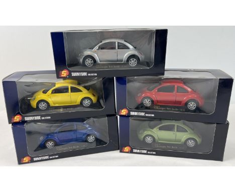 5 boxed Sunnyside Collection 1/32 scale diecast models of the new shape Volkswagen Beetle. In varying colours, boxed on plast