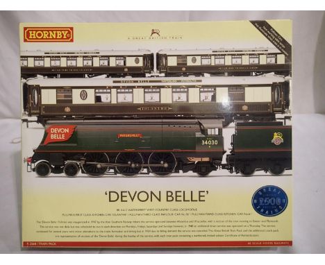 OO scale Hornby R2568, Devon Belle train pack, comprising West Country class Watermeet, plus three Pullmans with lights, car 