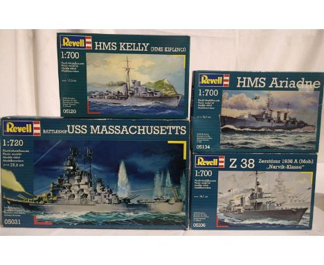 Four Revell ship kits to include three 1/700 scale HMS Kelly, HMS Ariadne and Narvik Klasse Z38, all sealed boxes. Plus a 1/7