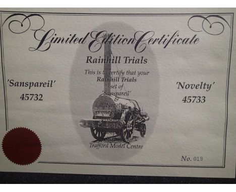 OO scale Bachmann Rainhill Trails boxed set comprising 45732 Sanspareil and 45733 Novelty Limited Edition 019/250 for Traffor