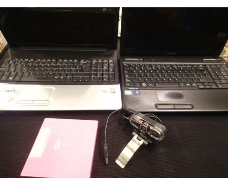 Two laptop computers lacking chargers (Toshiba Satellite Pro and Compaq Presario CQ70) with a webcam and DVD recorder. P&amp;