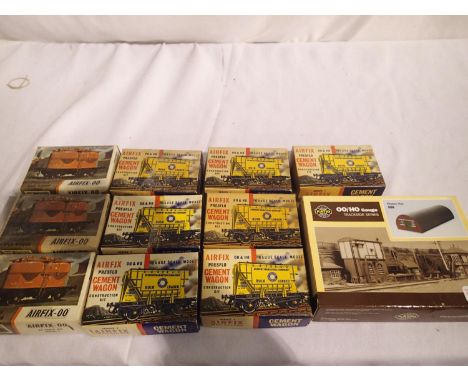 Ten Airfix OO scale wagon kits, to include three Prestwin sico, seven cement, plus ratio Nissen hut, all appear complete/ unc