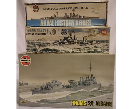 Three Airfix ship kits to include 1/1200th scale waterline H.M.S Hood, 1/600th scale Narvik German destroyer, both appear com