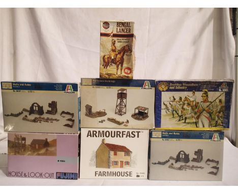 Six 1/72 scale military related kits, buildings, malls, ruins etc plus Austrian infantry figures, also includes Airfix 54 mm 