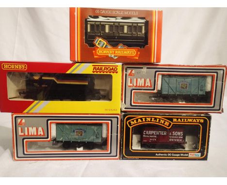 Five OO scale Lima, Hornby and Mainline vehicles including GWR four wheel coach, shell tanker, two Pearl of Cyprus vans. All 